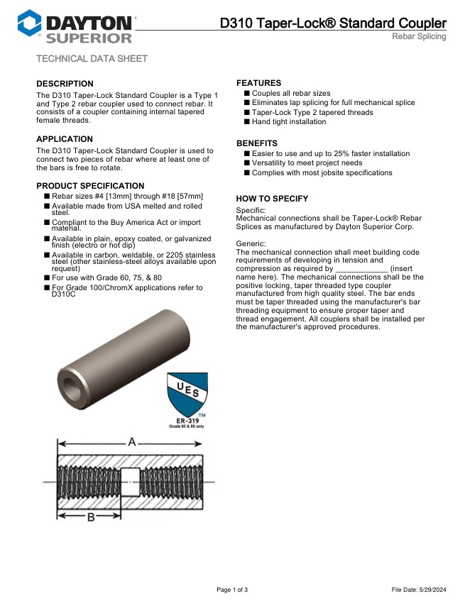 D310 Taper-Lock Standard Coupler technical data sheet cover