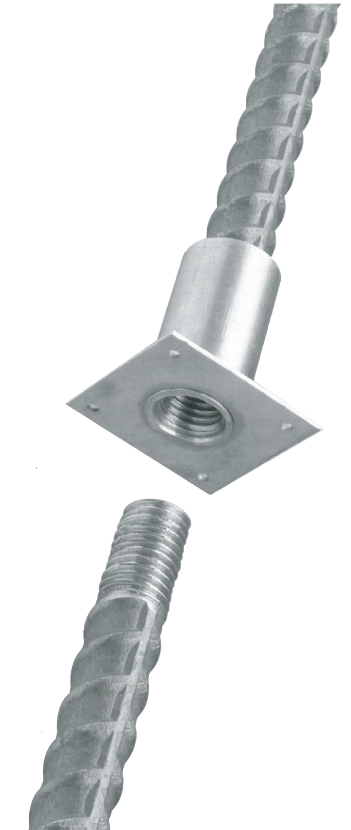 A flanged threaded coupler on one rebar end, positioned above the threaded end of a second bar