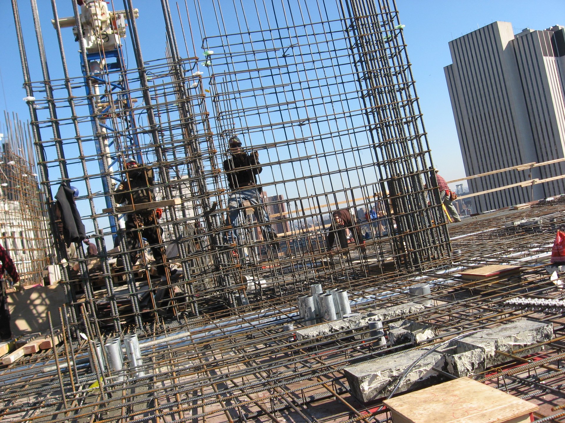 Wall and column reinforcement rising above the working deck
