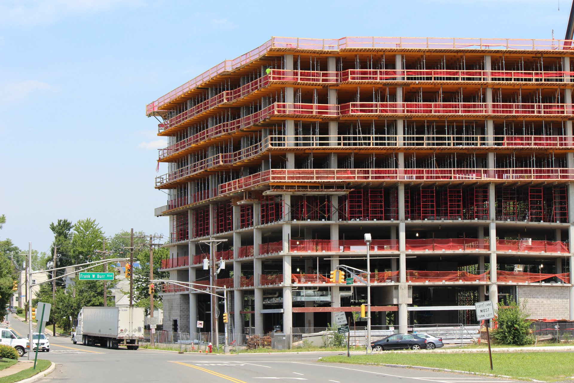 The concrete frame at the intersection, shoring on every level