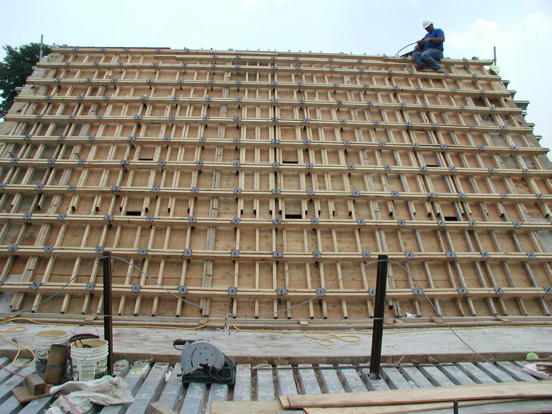 The sloped roof deck formwork from above